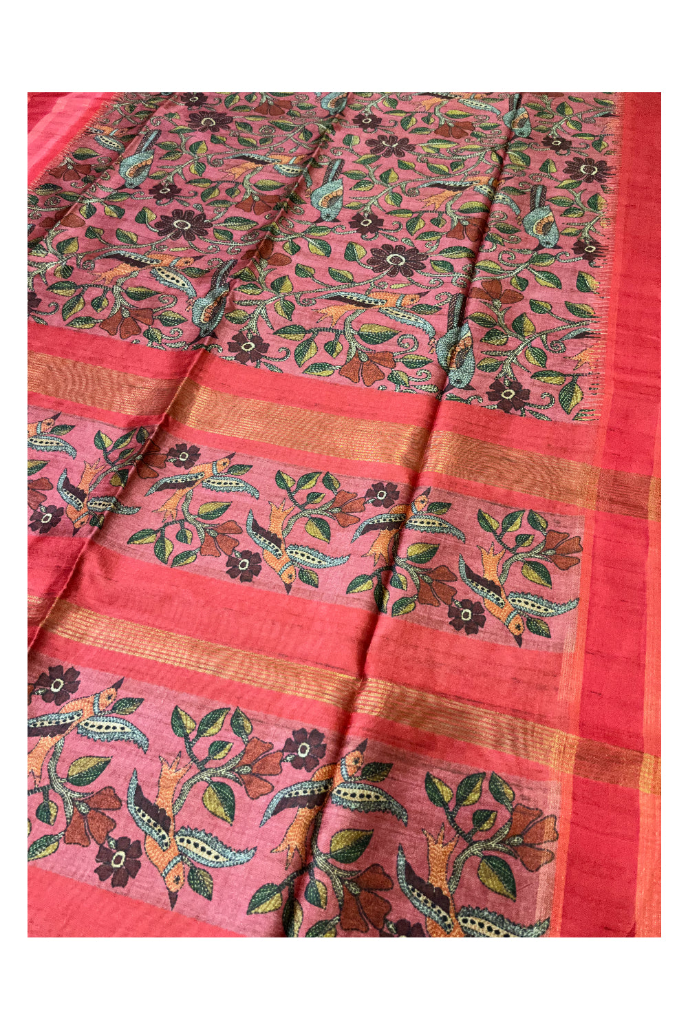 Southloom Semi Tussar Bird Floral Woven Rose Designer Saree