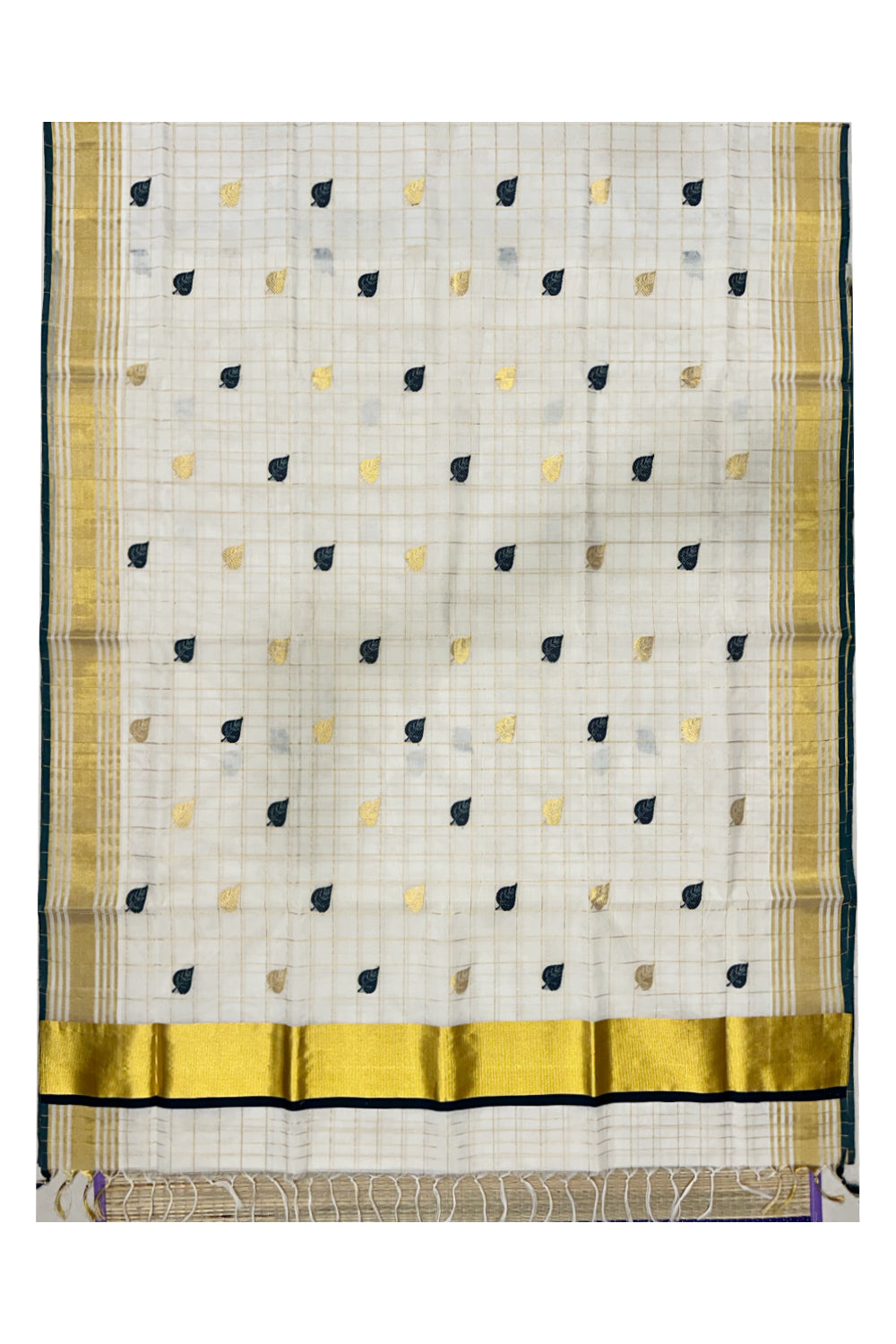 Southloom™ Premium Handloom Kerala Kasavu Check Saree with Golden and Green Leaf Woven Designs