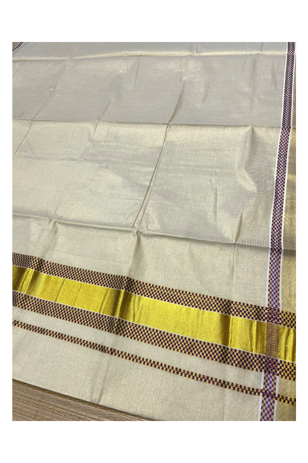 Kerala Tissue Saree with Kasavu and Pink Temple Woven Designs on Border