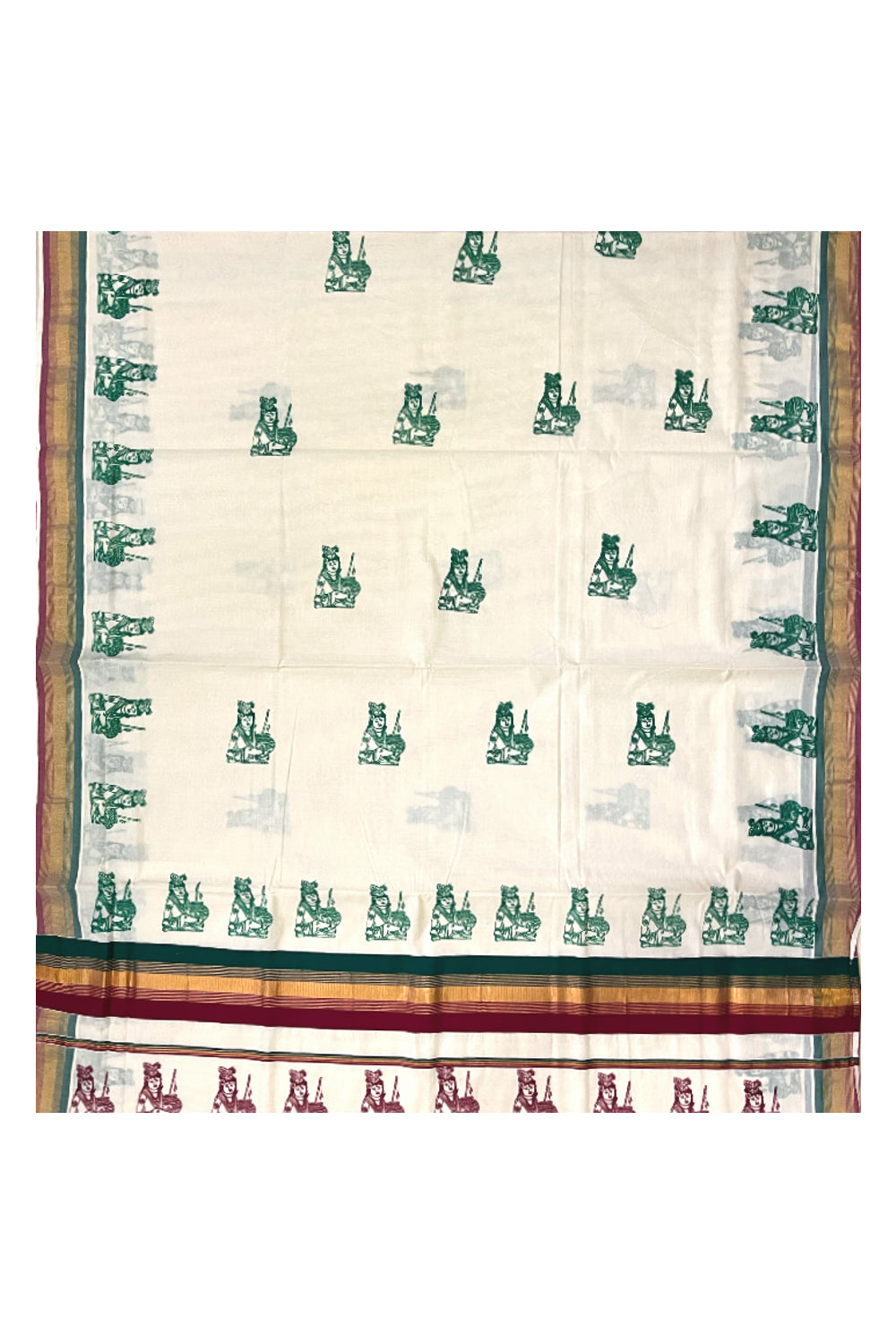 Pure Cotton Kerala Kasavu Saree with Krishna Block Printed Maroon Green Border