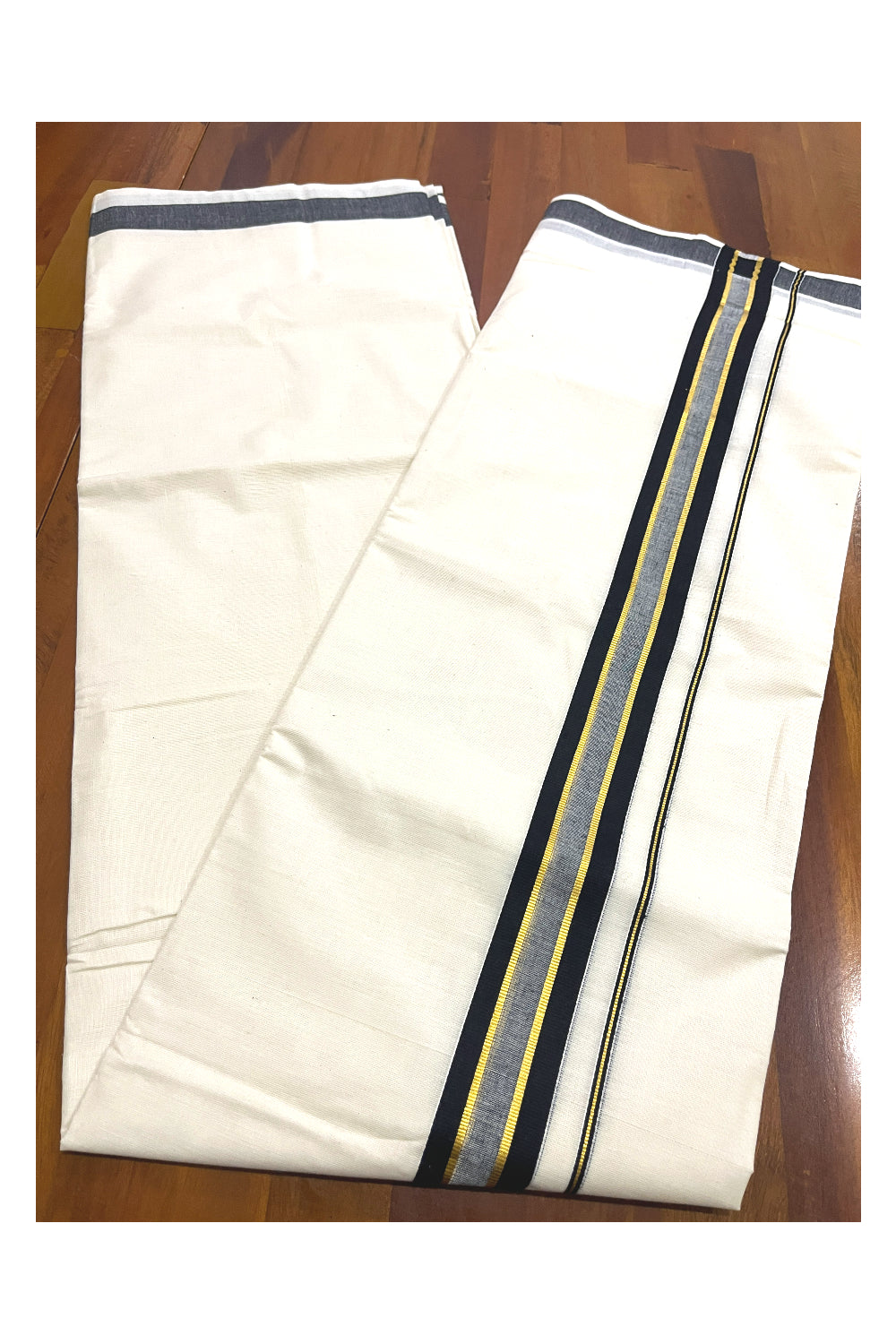 Off White Kerala Double Mundu with Black Kasavu Kara (South Indian Kerala Dhoti)