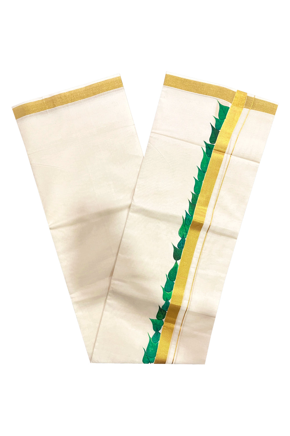 Kerala Pure Cotton Double Mundu with Leaf Mural Painted Design on Kasavu Border (South Indian Kerala Dhoti)