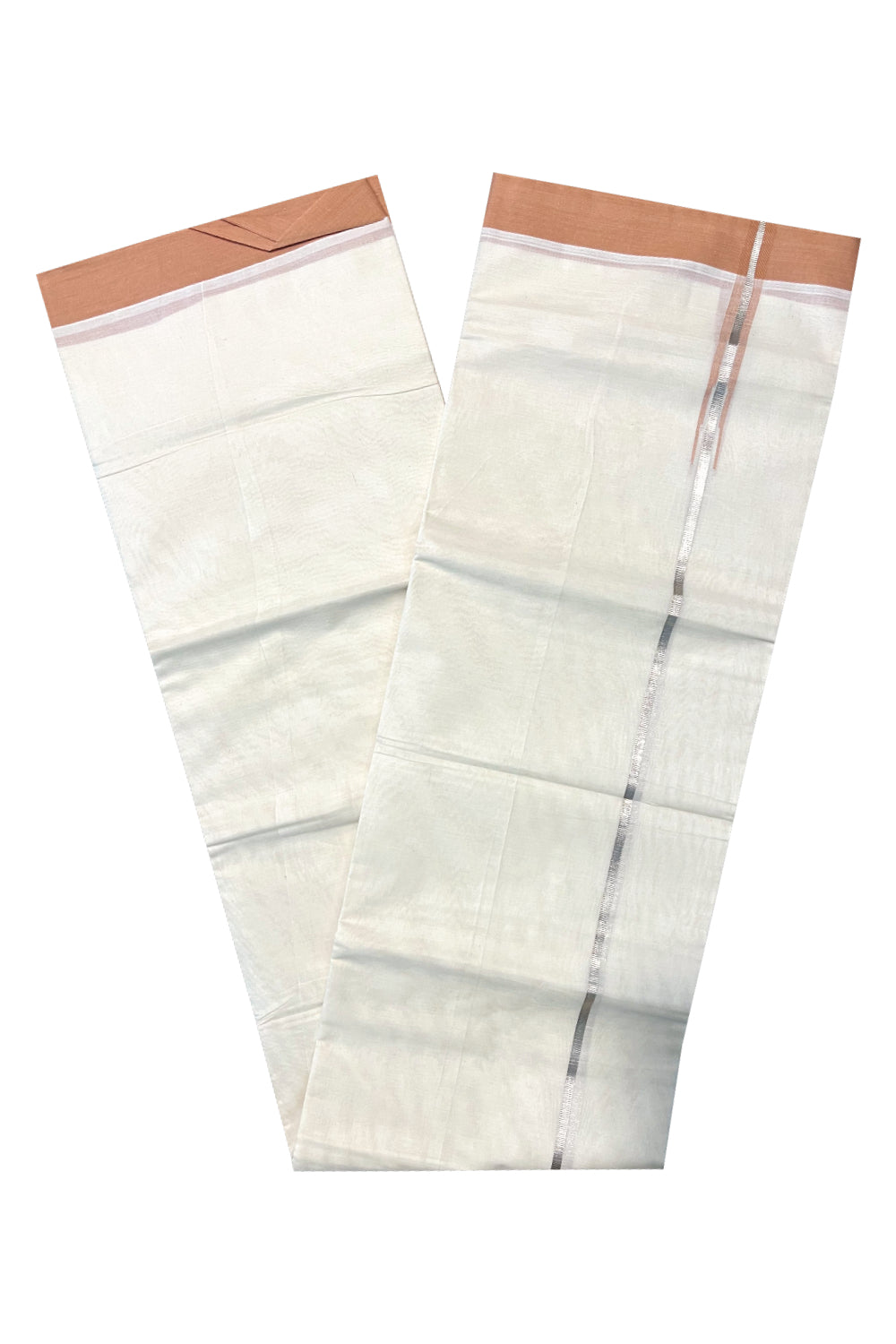 Pure Cotton Off White Double Mundu with Saffron Chutti and Silver Kasavu Border (South Indian Kerala Dhoti)