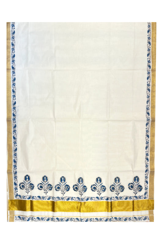Southloom Cotton Kerala Kasavu Saree with Black and Blue Block Prints On Border