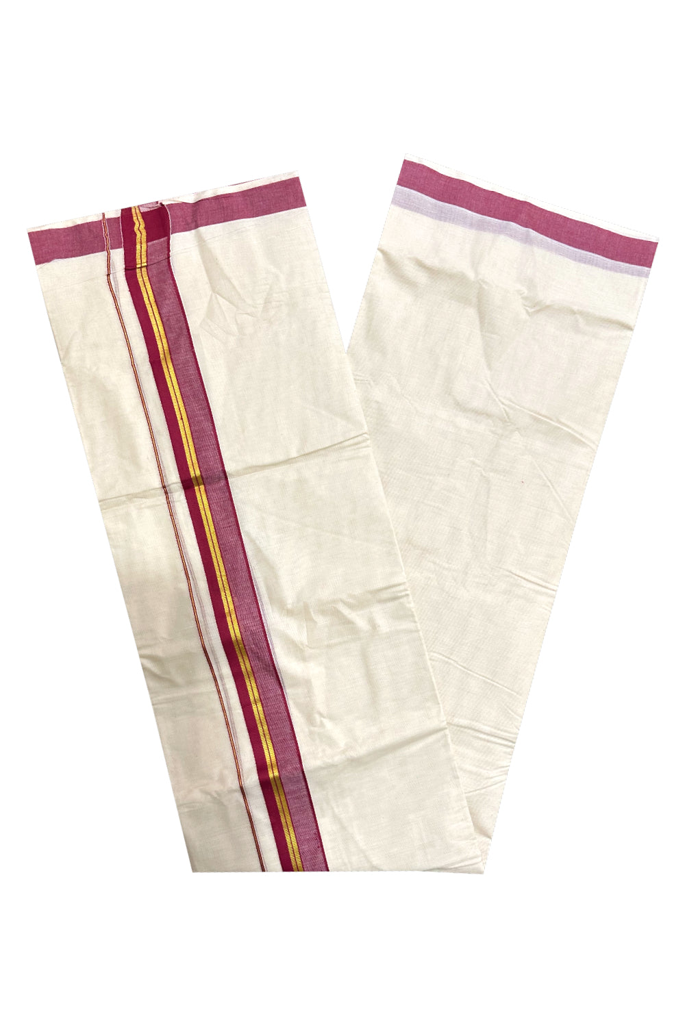 Kerala Cotton Double Mundu with Maroon and Kasavu Border (Onam Mundu 2023)