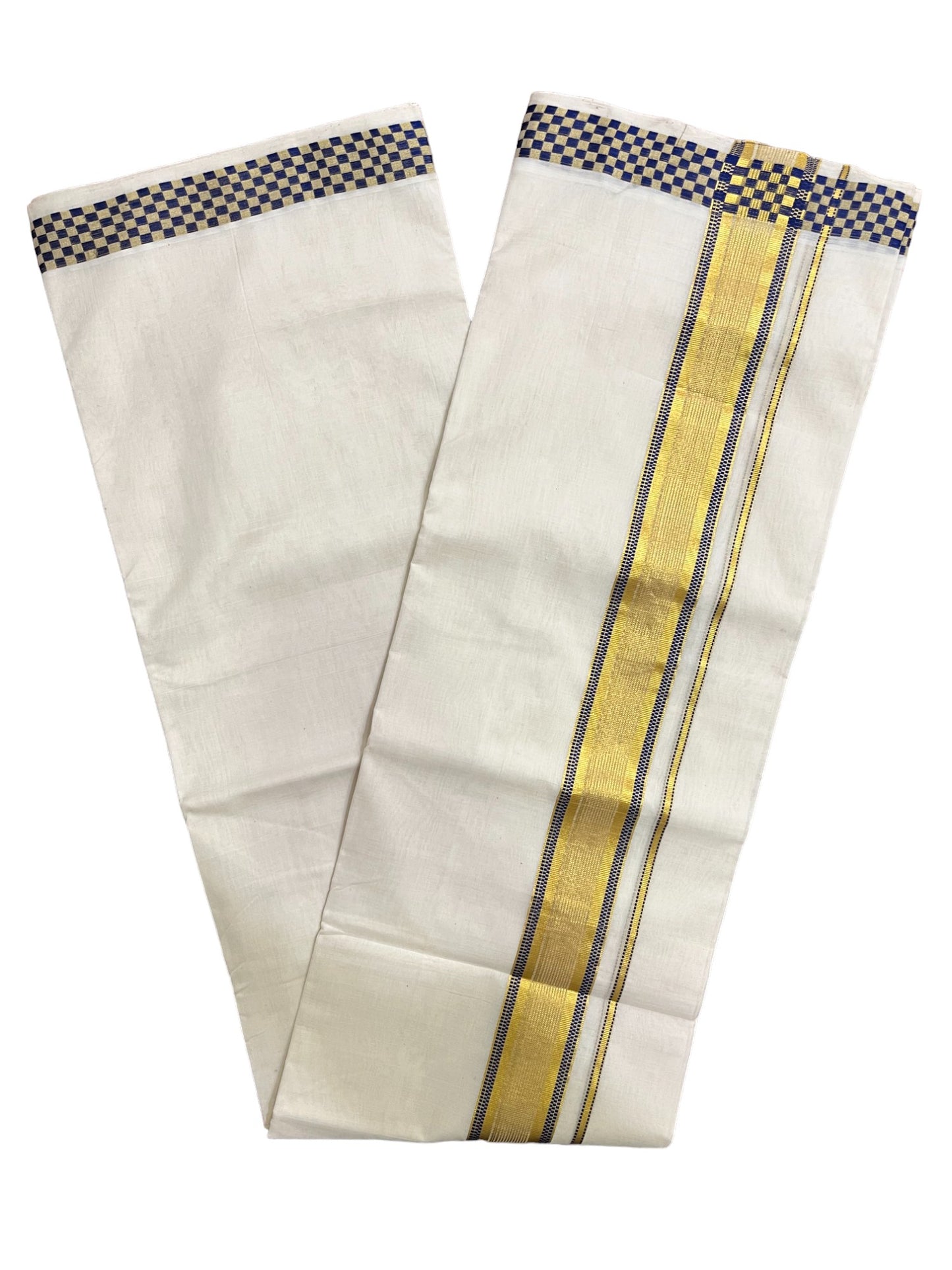 Premium Balaramapuram Handloom Unakkupaavu Cotton Double Mundu with Kasavu and Blue Paa Neythu Border (Onam 2024 Collection)