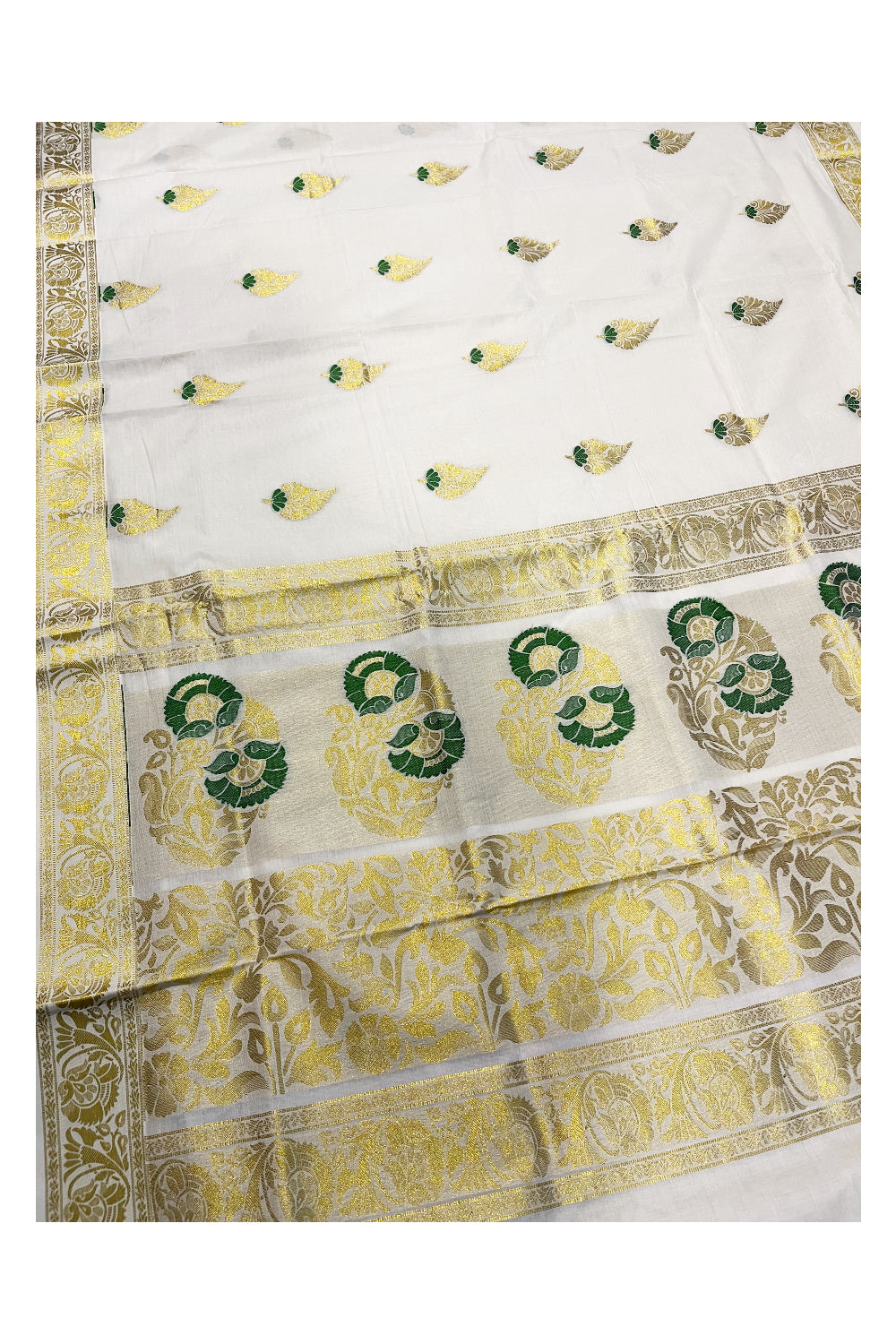 Kerala Cotton Kasavu Saree With Green and Golden Heavy Woven Works On Body