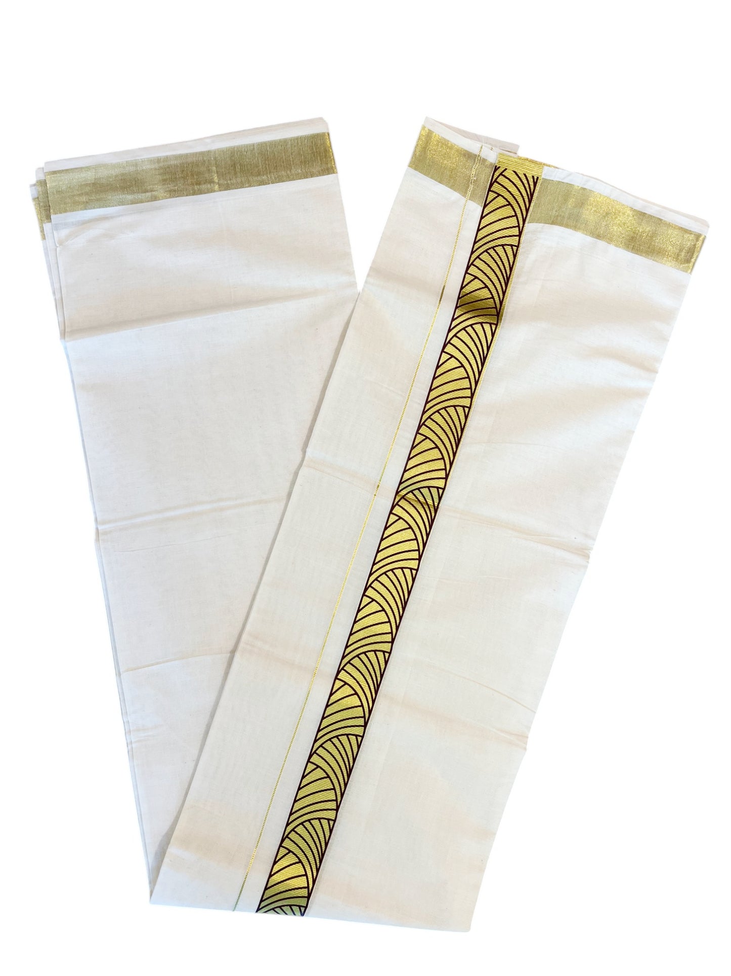 Pure Cotton Off White Double Mundu with Green Block Prints on Kasavu Kara (South Indian Dhoti)