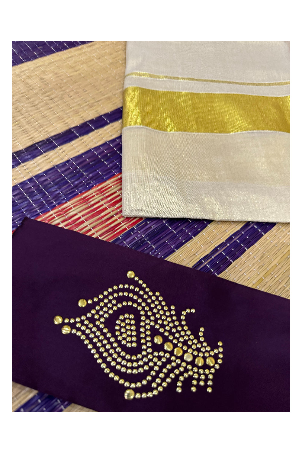 Semi Stitched Dhavani Set with Tissue Pavada and Dark Violet Bead Work Blouse Piece