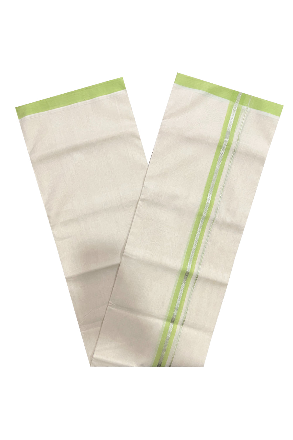 Southloom Premium Balaramapuram Unakkupaavu Handloom Mundu with Light Green and Silver Kasavu Border (South Indian Kerala Dhoti)