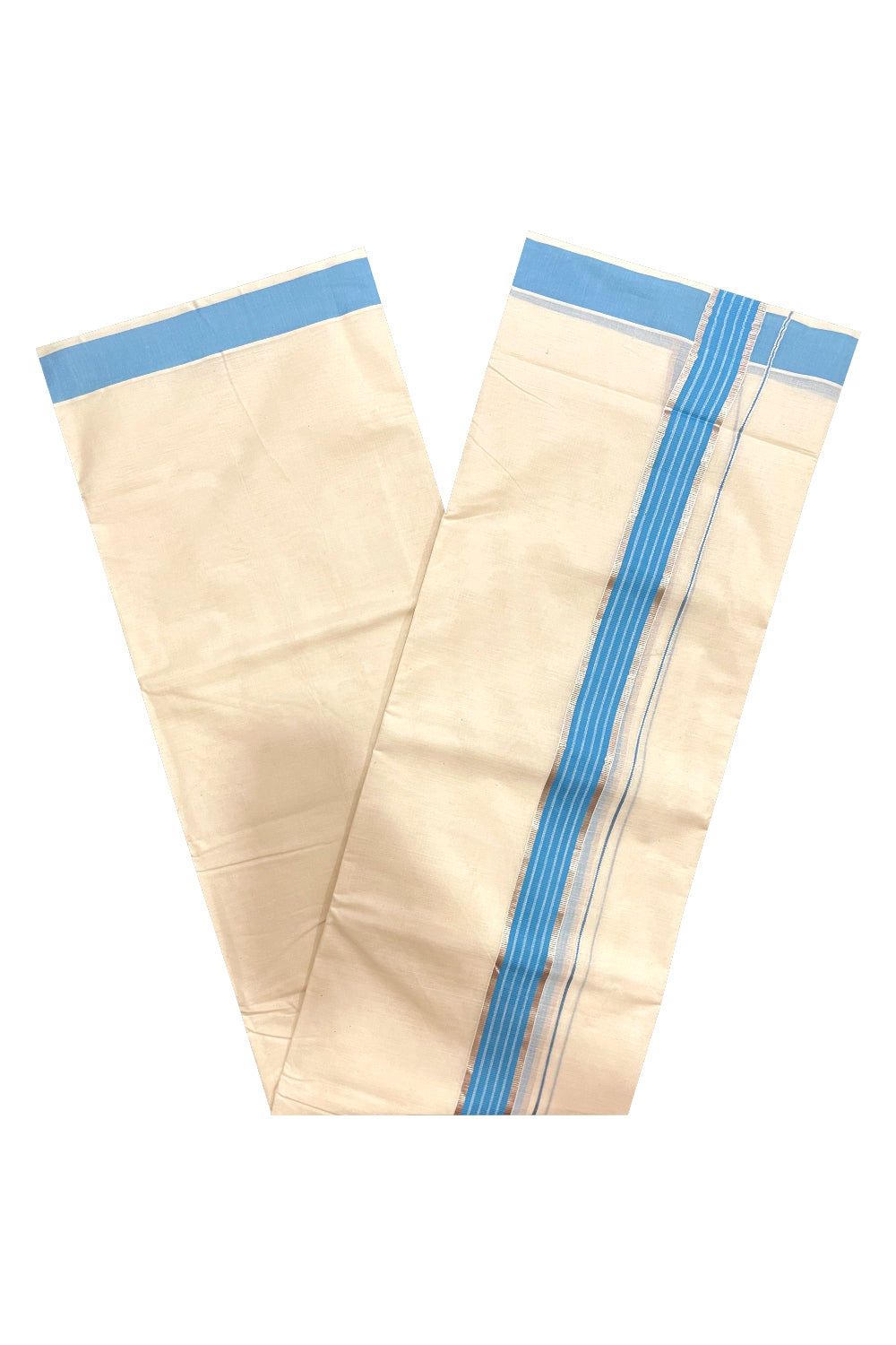 Kerala Cotton Double Mundu with Light Blue and Silver Kasavu Line Border