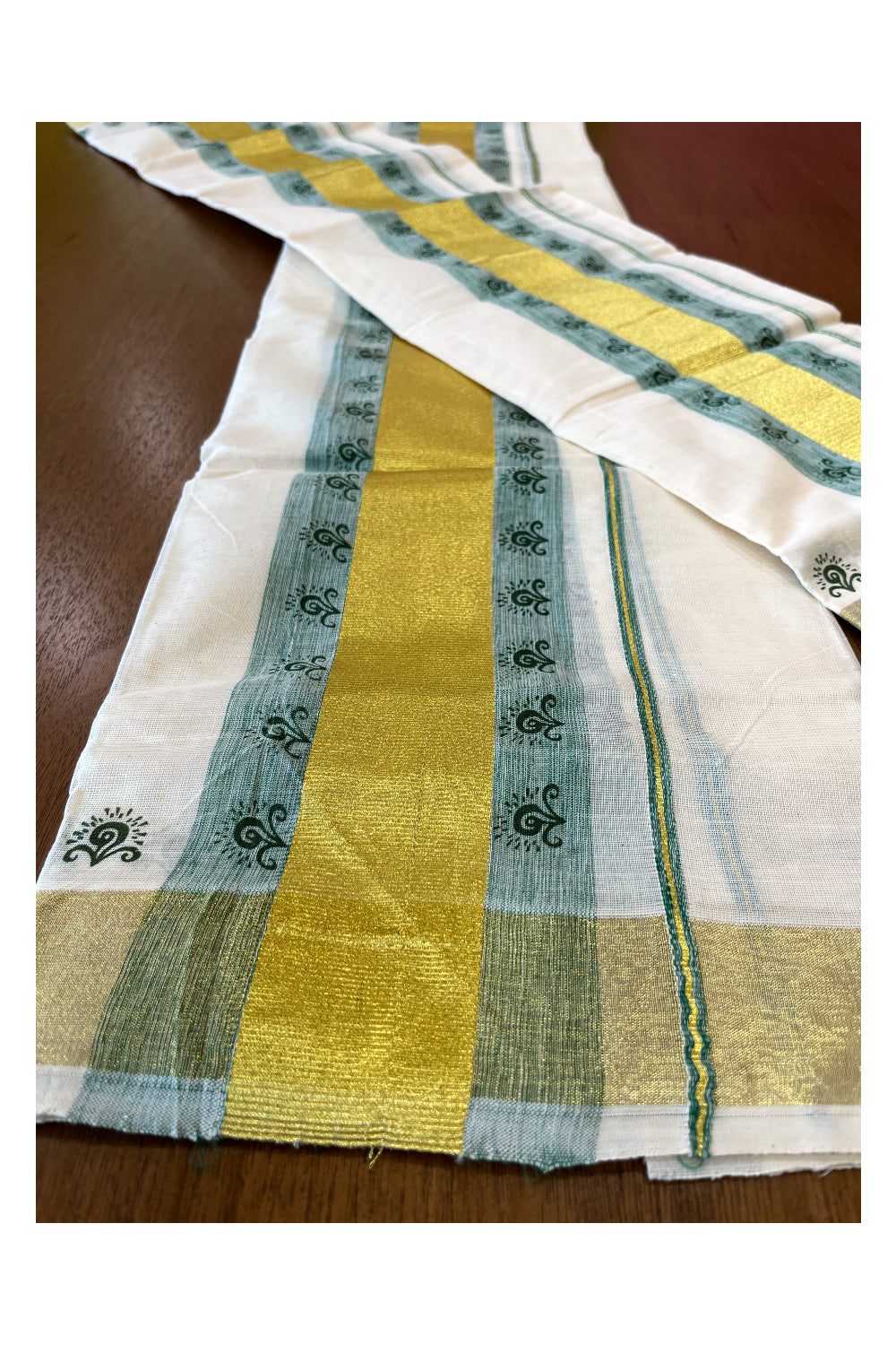 Cotton Single Set Mundu (Mundu Neriyathum) with Block Prints on Green and Kasavu Border