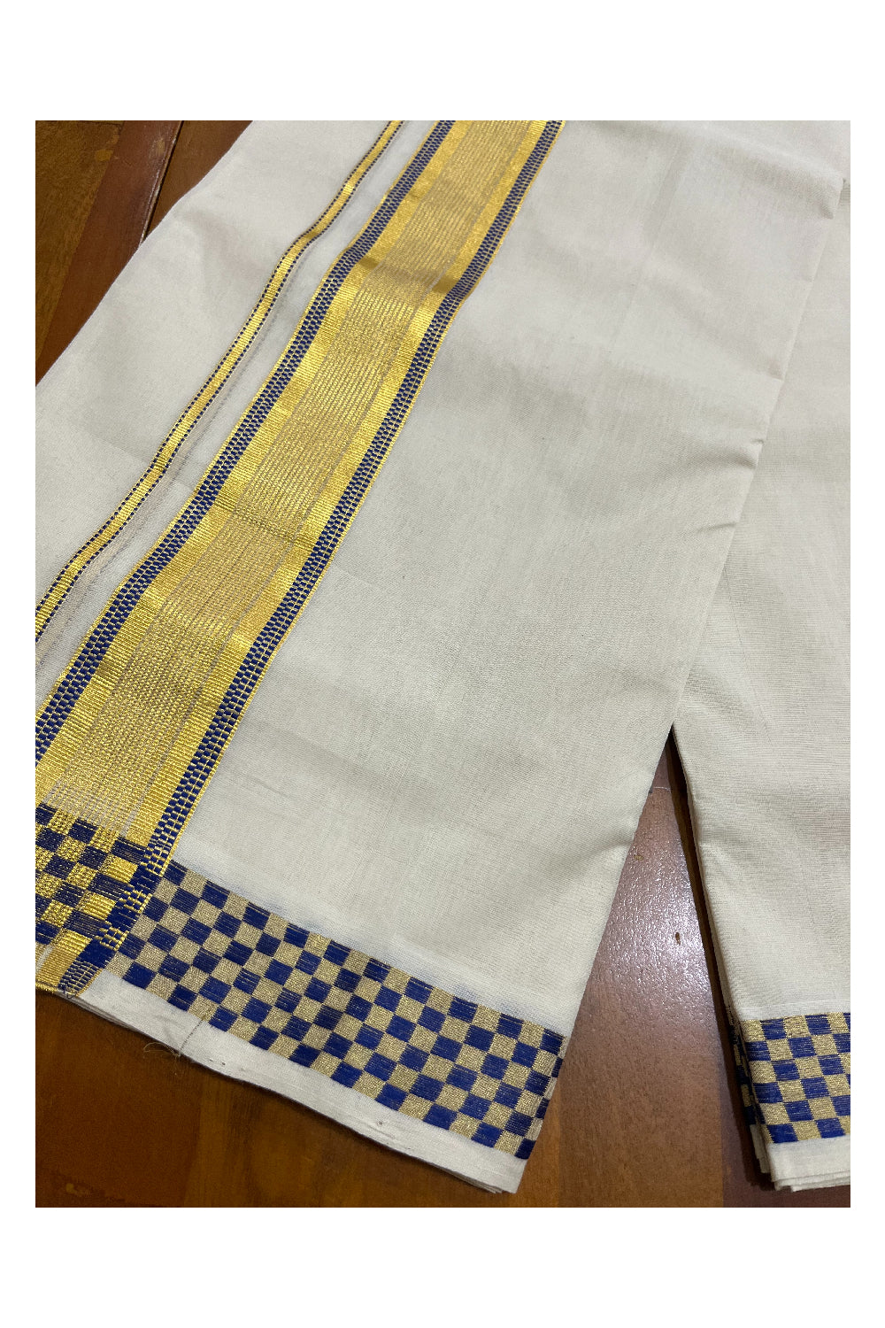 Premium Balaramapuram Handloom Unakkupaavu Cotton Double Mundu with Kasavu and Blue Paa Neythu Border (Onam 2024 Collection)