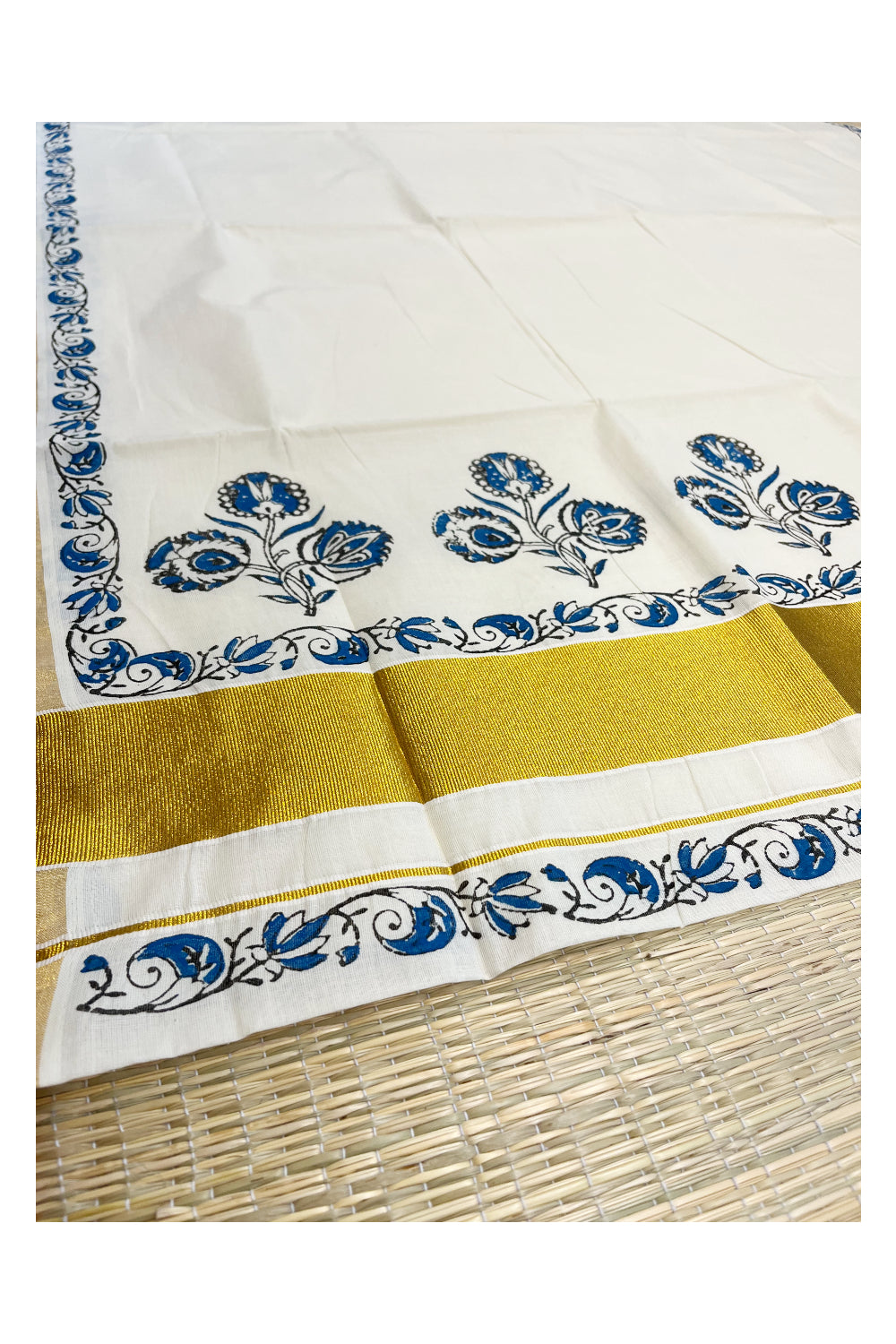 Southloom Cotton Kerala Kasavu Saree with Black and Blue Block Prints On Border