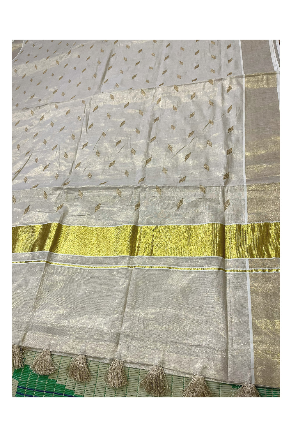 Kerala Tissue Kasavu Saree with Golden Butta Works Across Body (Onam Saree 2023)