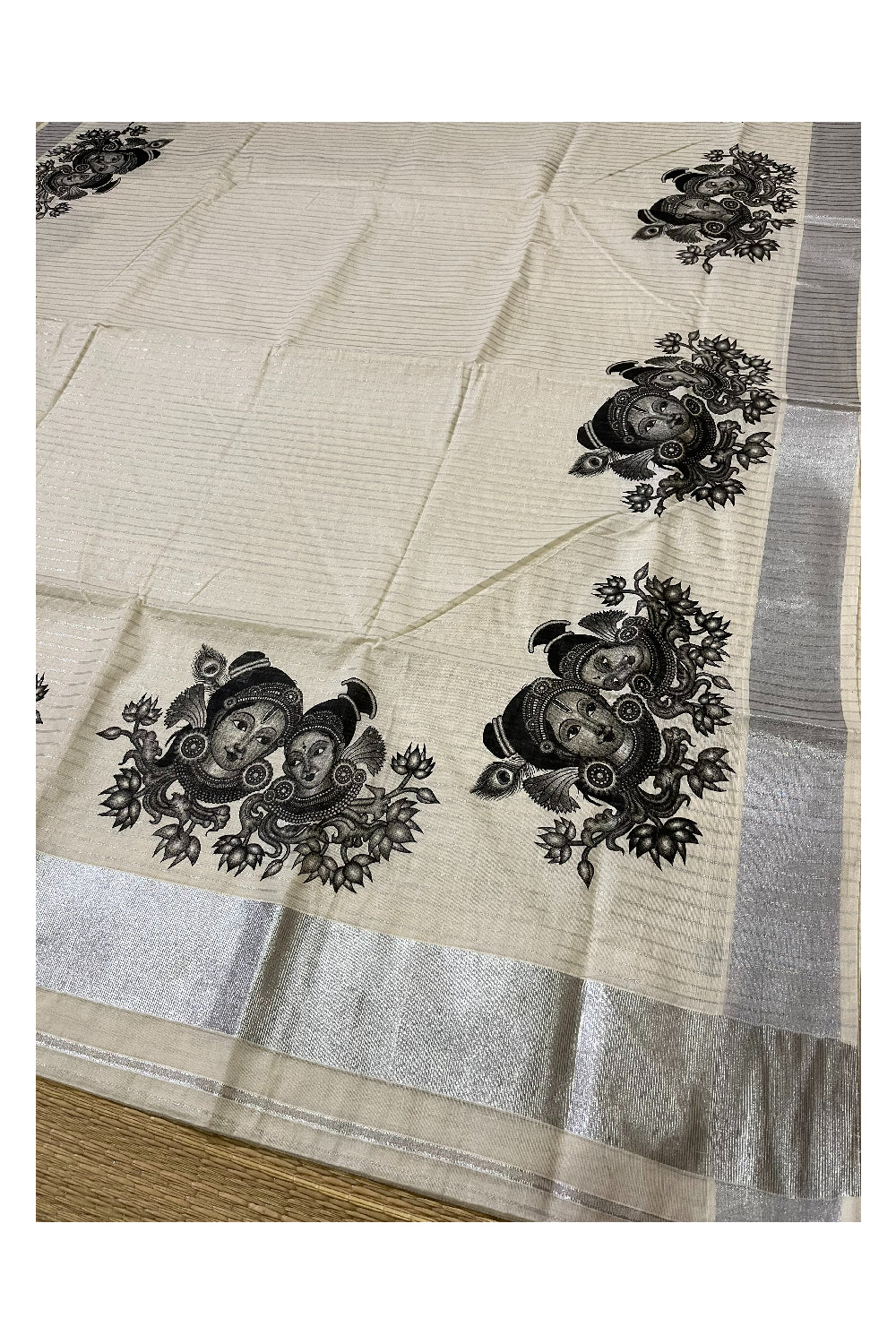 Pure Cotton Kerala Silver Kasavu Lines Design Saree with Krishna Radha Face Mural Prints (Onam Saree 2023)