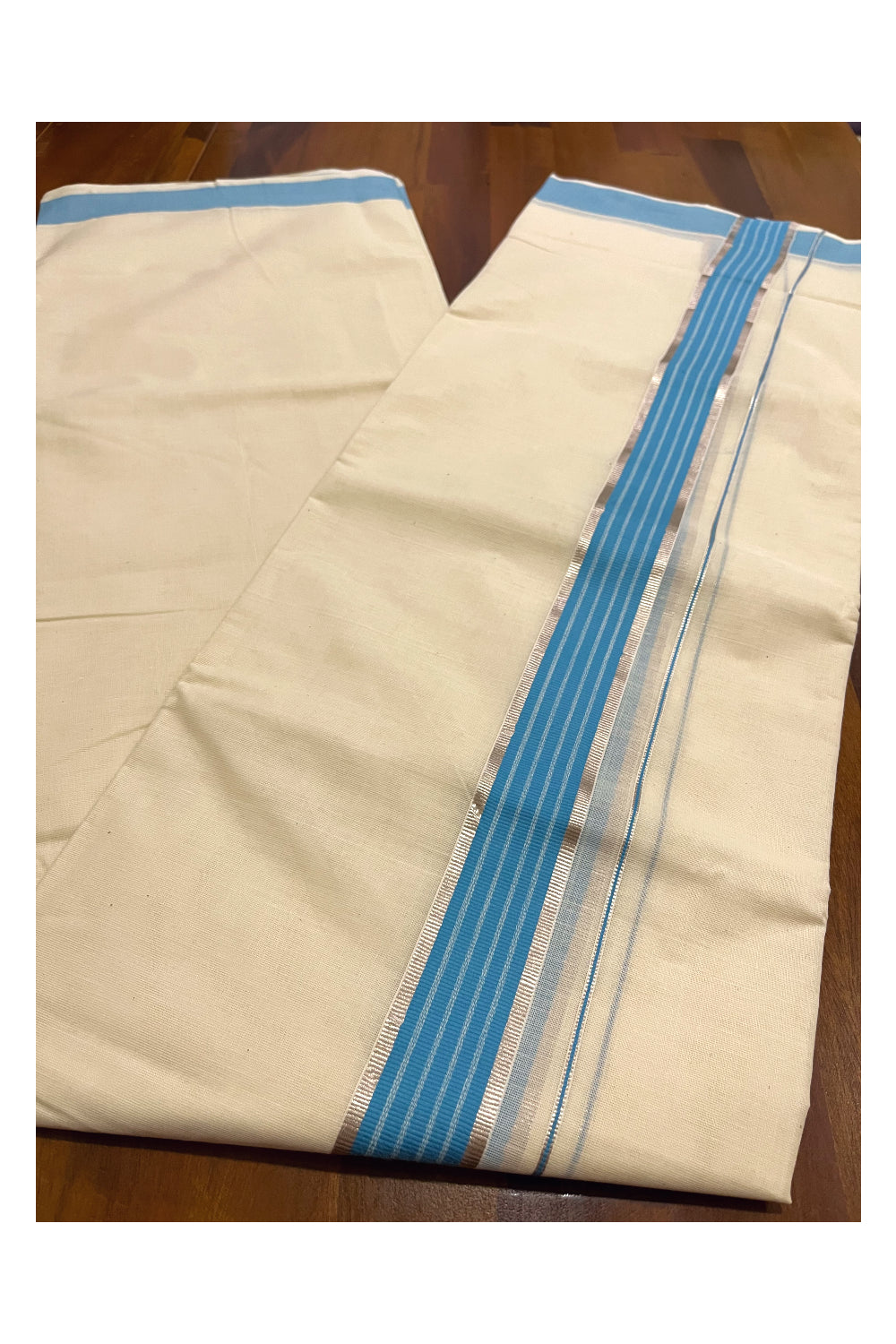 Kerala Cotton Double Mundu with Light Blue and Silver Kasavu Line Border