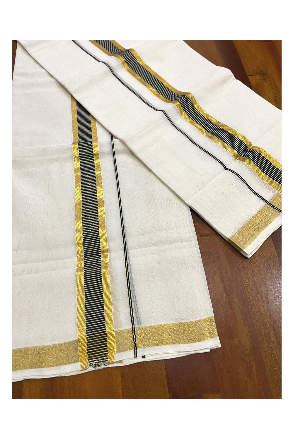 Pure Cotton Handloom Premium Kasavu Set Mundu (Mundum Neriyathum) with Black and Kasavu Border (Onam Set Mundu 2023)