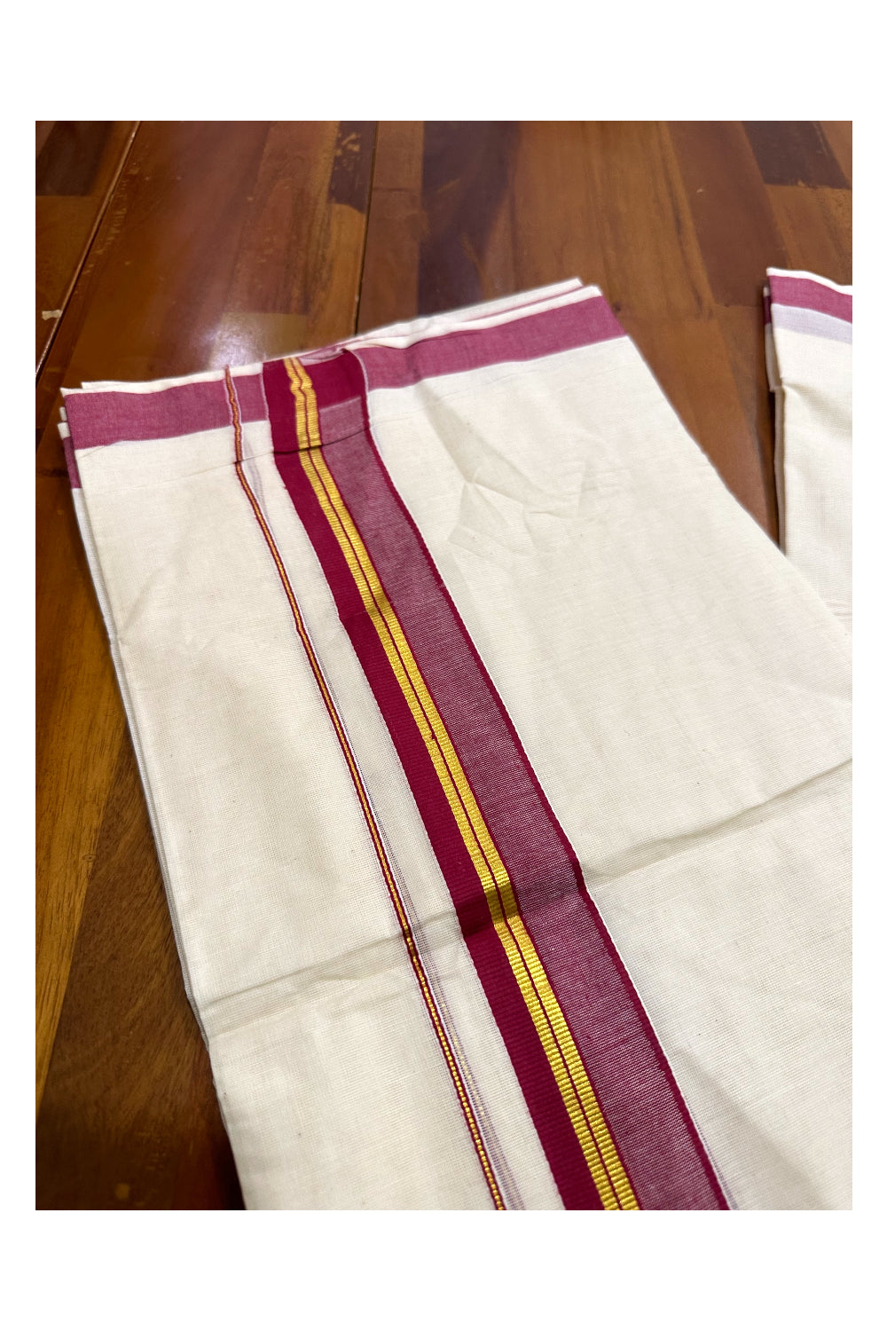 Kerala Cotton Double Mundu with Maroon and Kasavu Border (Onam Mundu 2023)