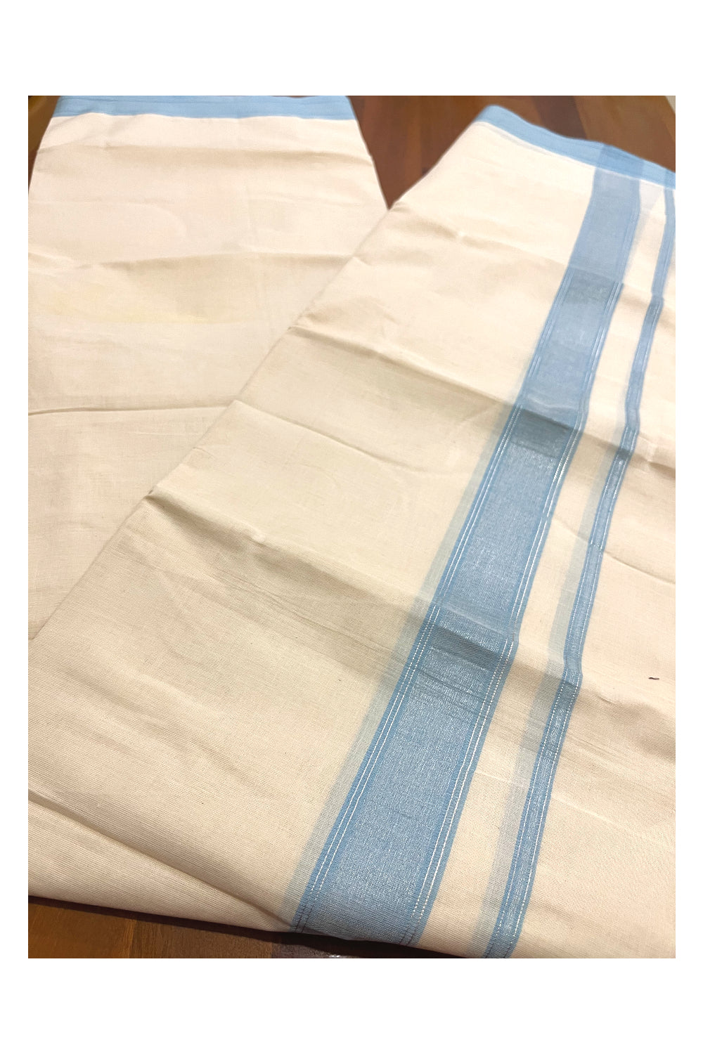 Pure Cotton 100x100 Double Mundu with Light Blue and Silver Kasavu Line Border (Onam Mundu 2023)