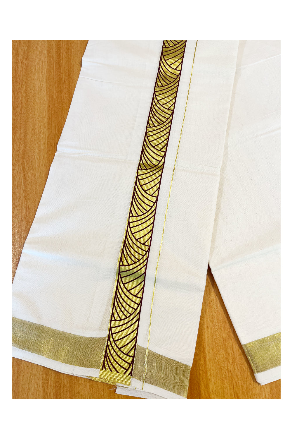 Pure Cotton Off White Double Mundu with Green Block Prints on Kasavu Kara (South Indian Dhoti)