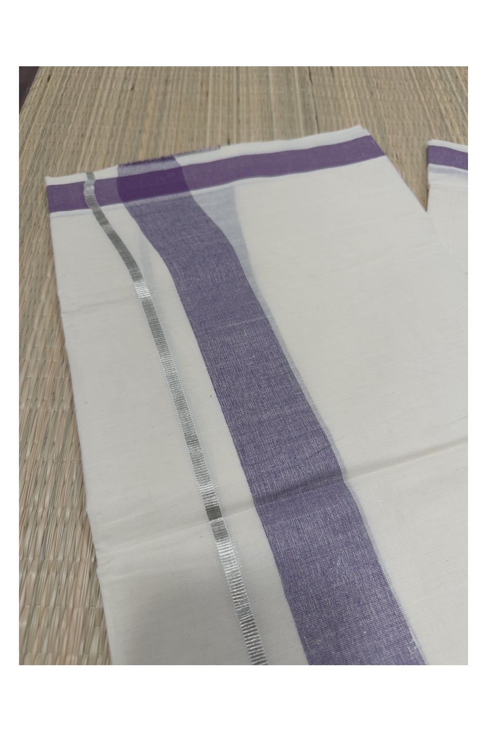 Off White Kerala Double Mundu with Silver Kasavu and Violet Kara (South Indian Kerala Dhoti)