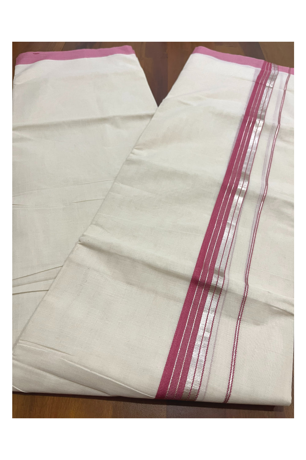 Pure Cotton 100x100 Double Mundu with Silver Kasavu and Pink Border (Onam Mundu 2023)