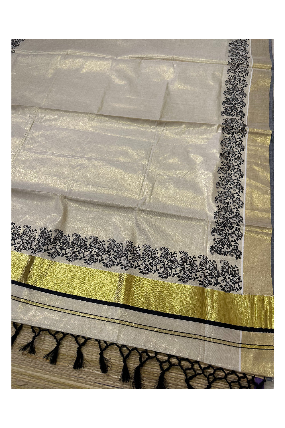 Kerala Tissue Kasavu Saree with Black Paisley Block Prints and Tassels Works on Pallu (Onam Saree 2023)