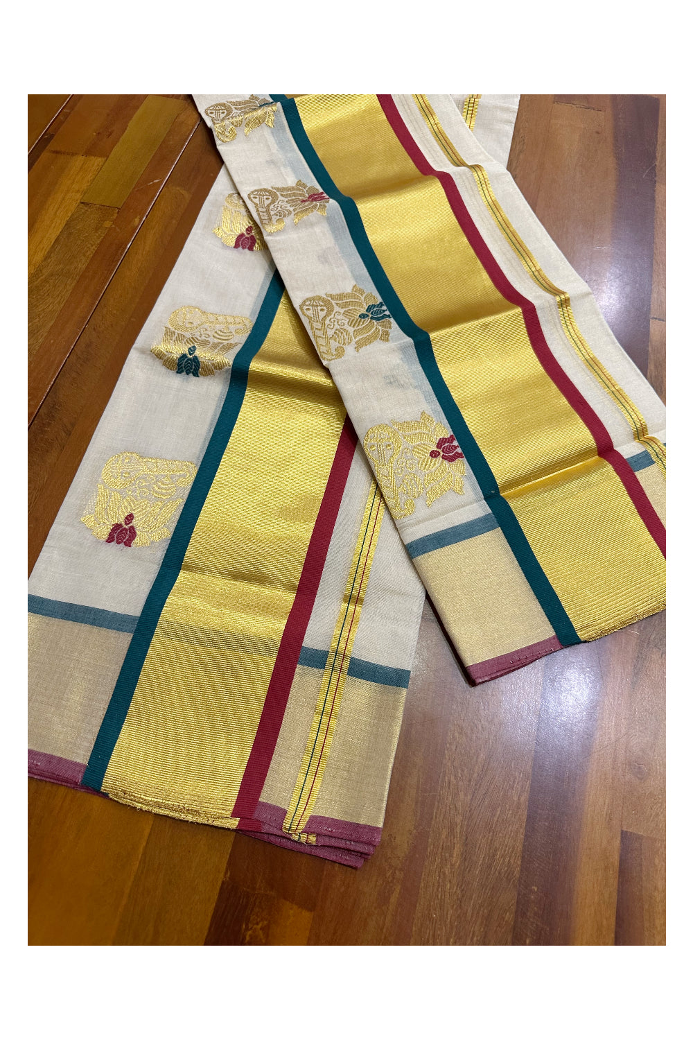 Southloom Handloom Premium Tissue Kasavu Set Mundu Lotus and Veena Woven Patterns With Maroon And Green Border (Mundum Neriyathum) 2.70 Mtrs