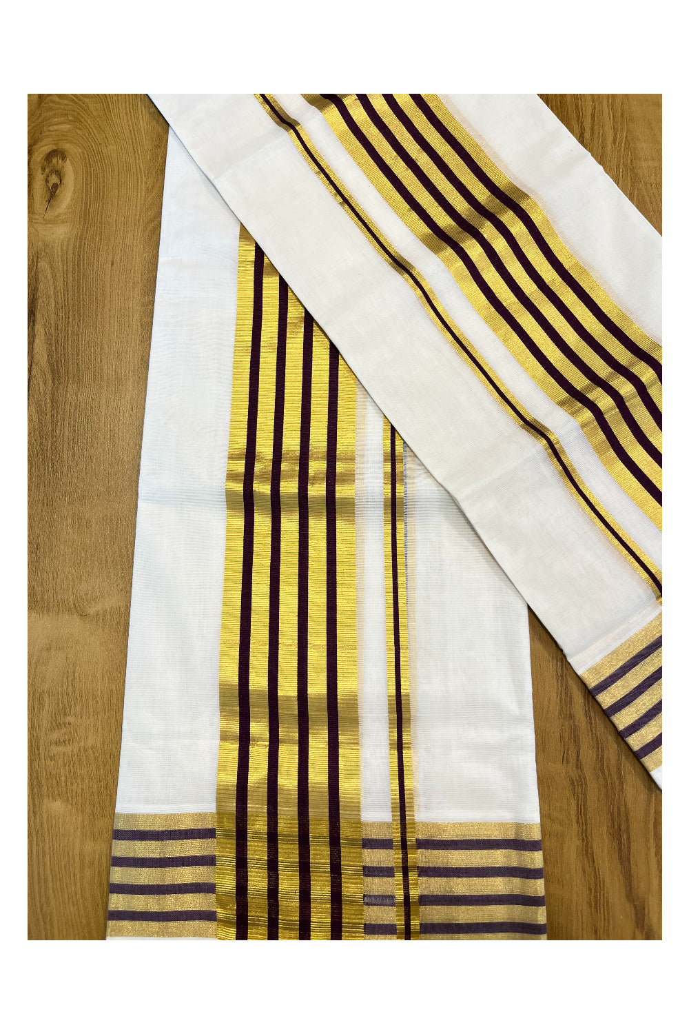 Southloom  Premium Handloom Cotton Set Mundu (Mundum Neriyathum) with Kasavu and Brown Lines Border 2.80 Mtrs