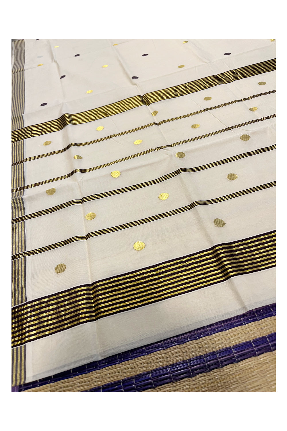 Southloom Premium Handloom Kerala Saree Blue and Kasavu Lines with Golden Small Polka Works on Body