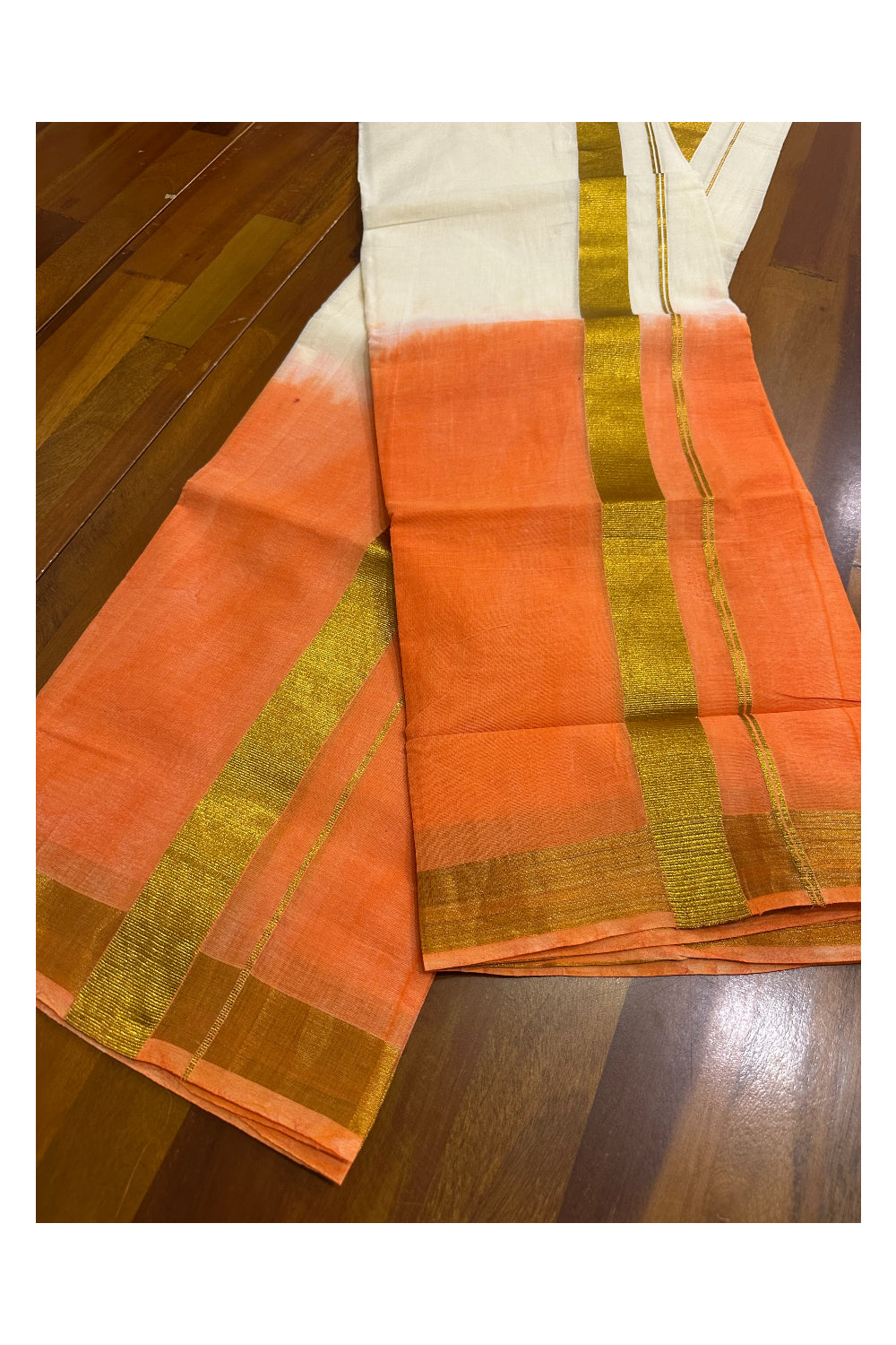 Southloom Tie & Dye - Half & Half  Multi Colour Orange Design Set Mundu (Mundum Neriyathum) in 2.80 m Neriyathu (Extra Length)