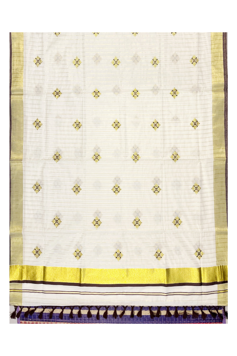 Kerala Cotton Kasavu Lines Saree with Brown and Golden Floral Embroidery Work