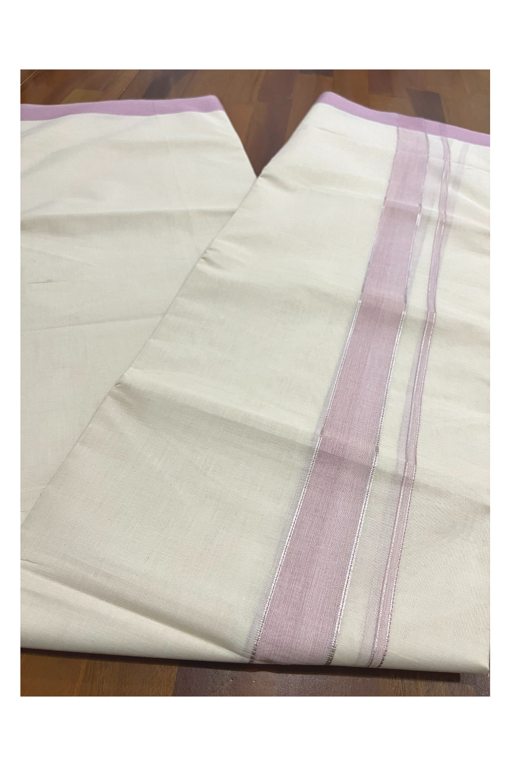 Pure Cotton 100x100 Double Mundu with Silver Kasavu and Pink Kara (Onam Mundu 2023)