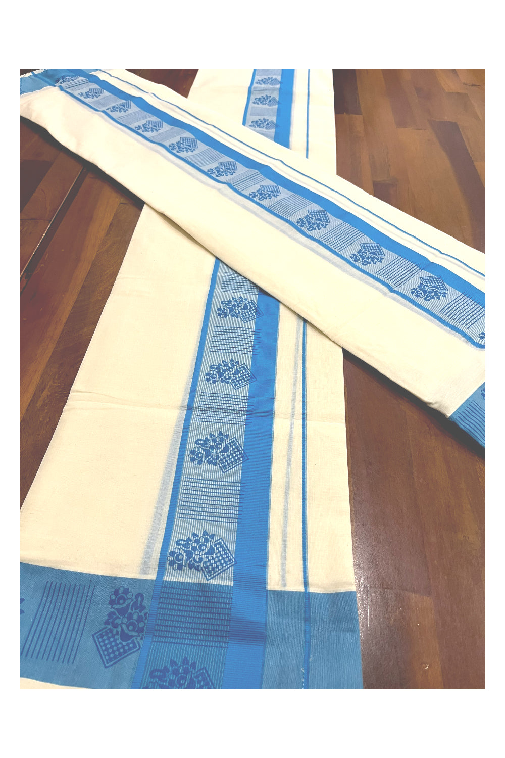 Southloom Pure Cotton Kerala Single Set Mundu with Blue Block Prints on Border (Onam Set Mundu 2023)