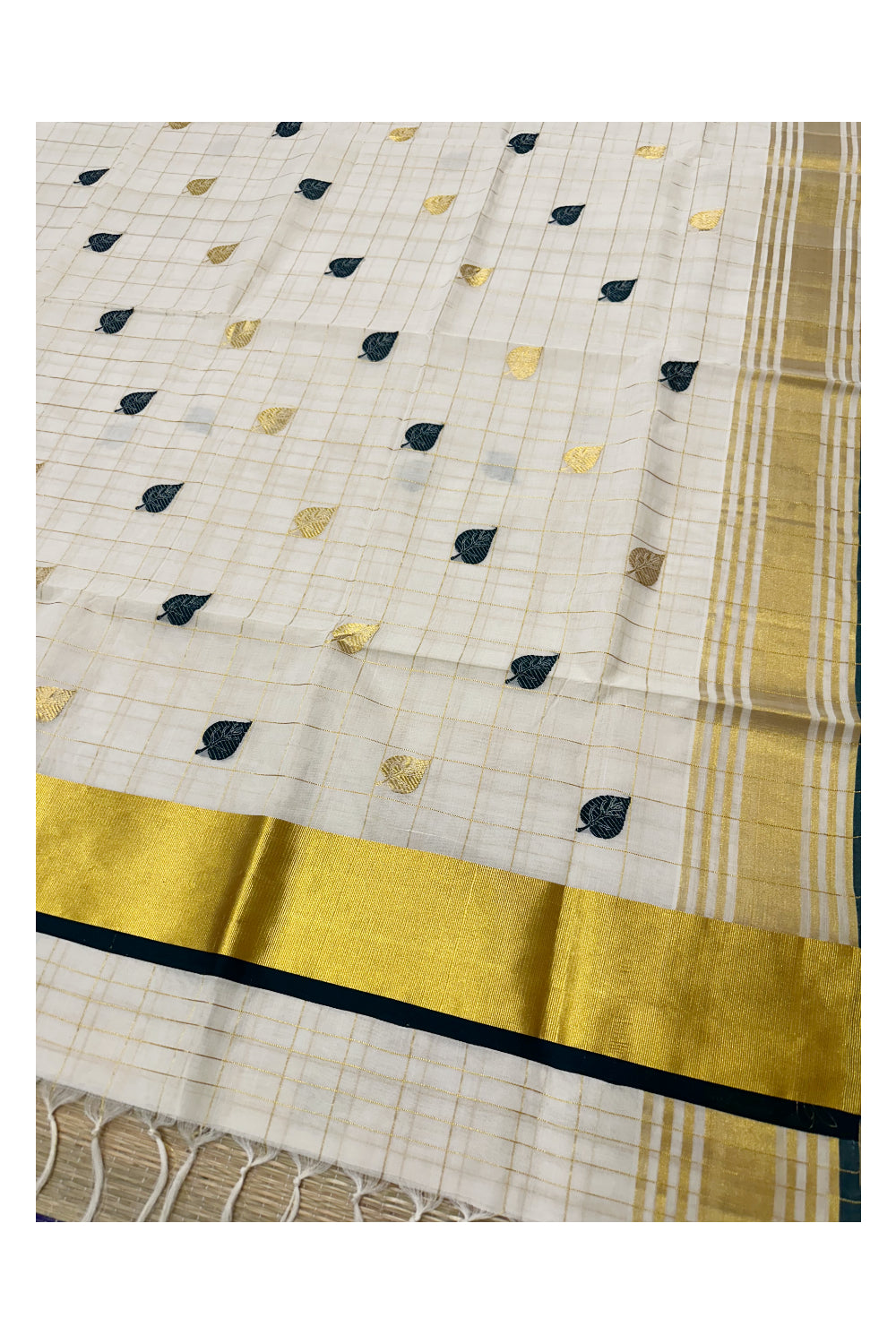 Southloom™ Premium Handloom Kerala Kasavu Check Saree with Golden and Green Leaf Woven Designs