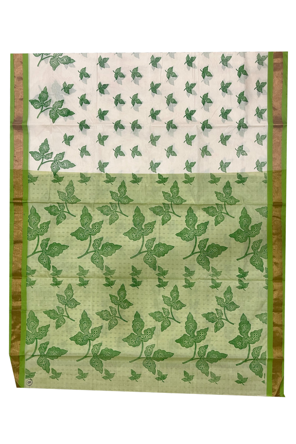 Pure Cotton Kerala Saree with Light Green Block Print Leaf Designs and Kasavu Border (Vishu 2024 Collection)