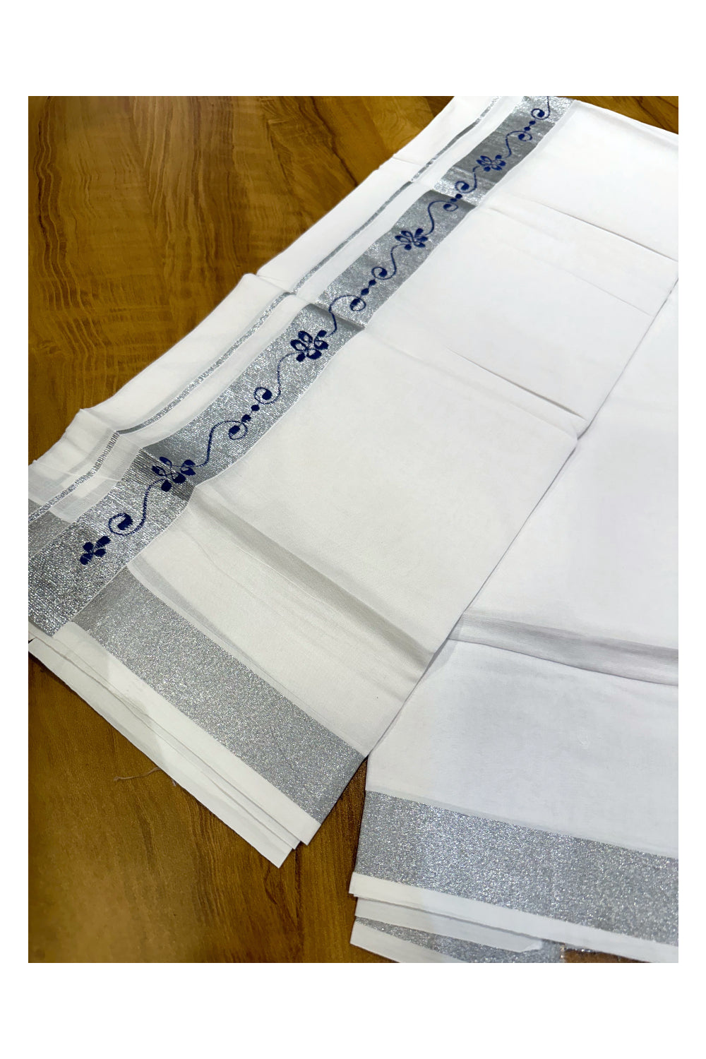 Pure White Cotton Double Mundu with Blue Prints on Silver Kasavu Border (South Indian Kerala Dhoti)