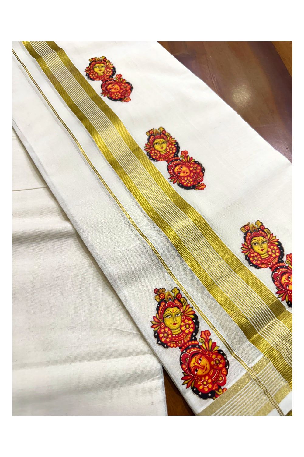 Southloom Lines Kasavu Double Mundu with Mural Print Along Kara