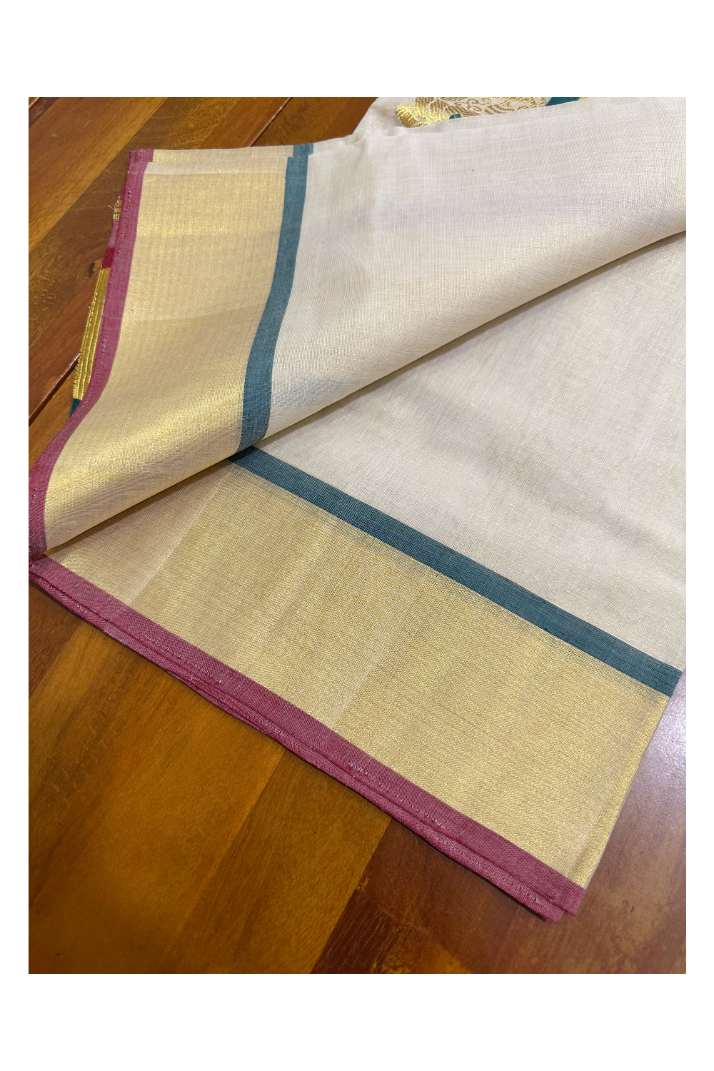 Southloom Handloom Premium Tissue Kasavu Set Mundu Lotus and Veena Woven Patterns With Maroon And Green Border (Mundum Neriyathum) 2.70 Mtrs