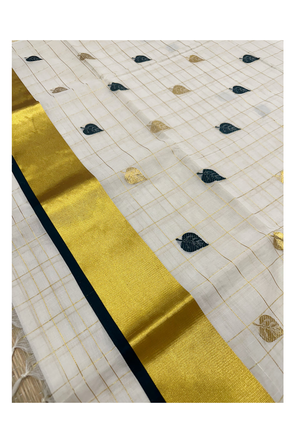 Southloom™ Premium Handloom Kerala Kasavu Check Saree with Golden and Green Leaf Woven Designs