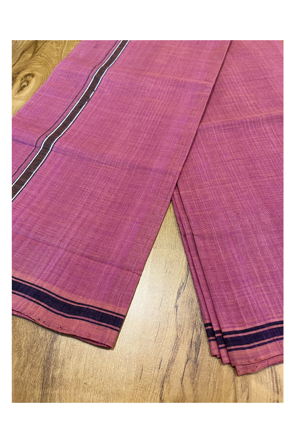 Southloom Premium Handloom Pink Solid Single Mundu (Lungi) with Brown And Blue Border (South Indian Kerala Dhoti)