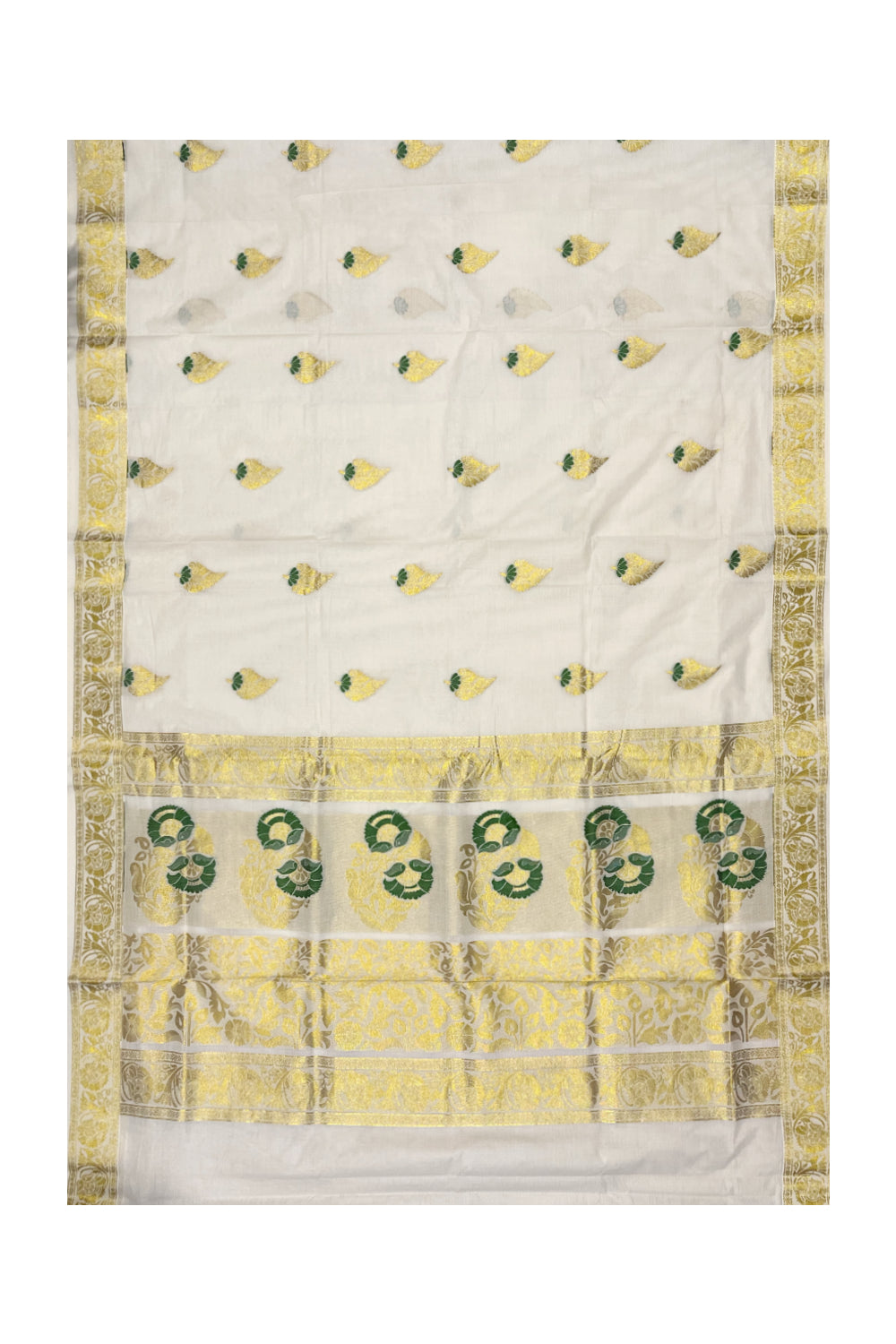 Kerala Cotton Kasavu Saree With Green and Golden Heavy Woven Works On Body