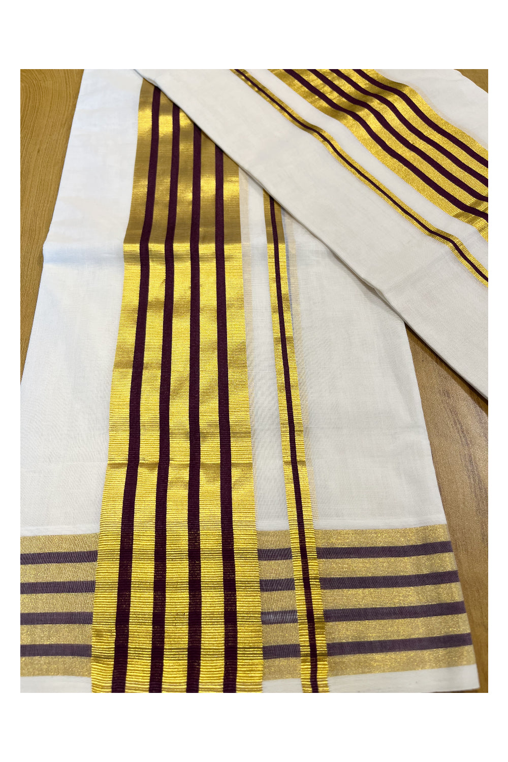 Southloom  Premium Handloom Cotton Set Mundu (Mundum Neriyathum) with Kasavu and Brown Lines Border 2.80 Mtrs