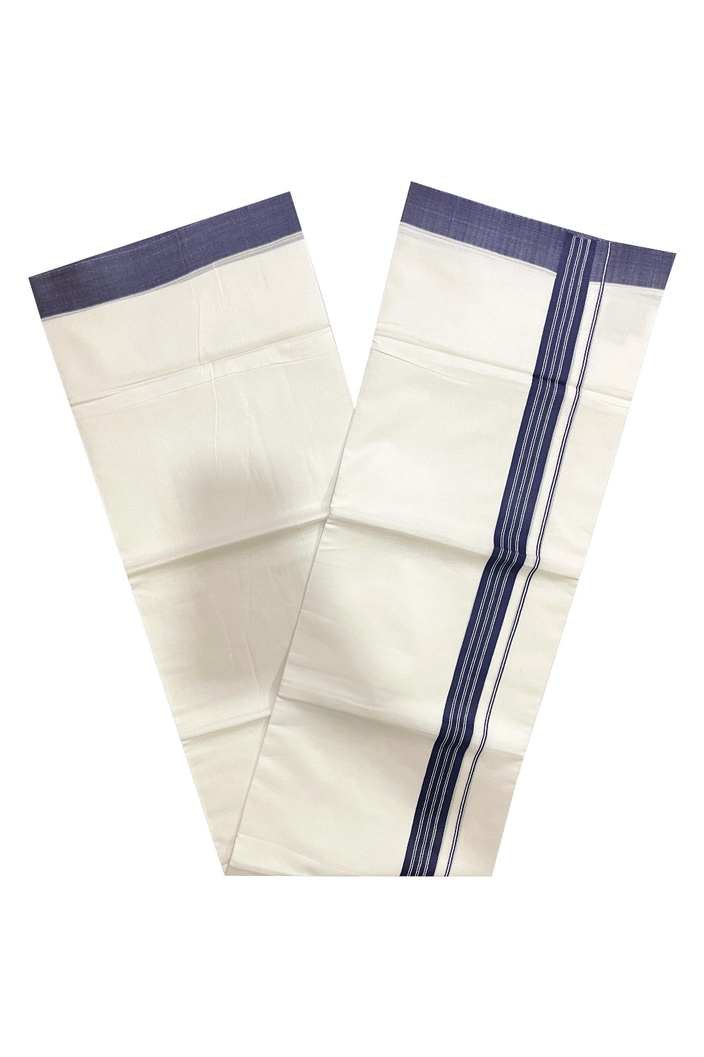 Pure White Cotton Double Mundu with Navy Blue Border (South Indian Kerala Dhoti)