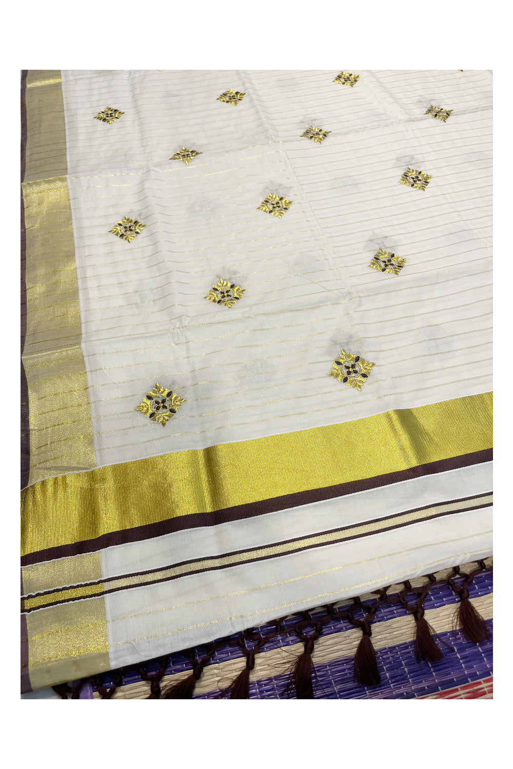 Kerala Cotton Kasavu Lines Saree with Brown and Golden Floral Embroidery Work