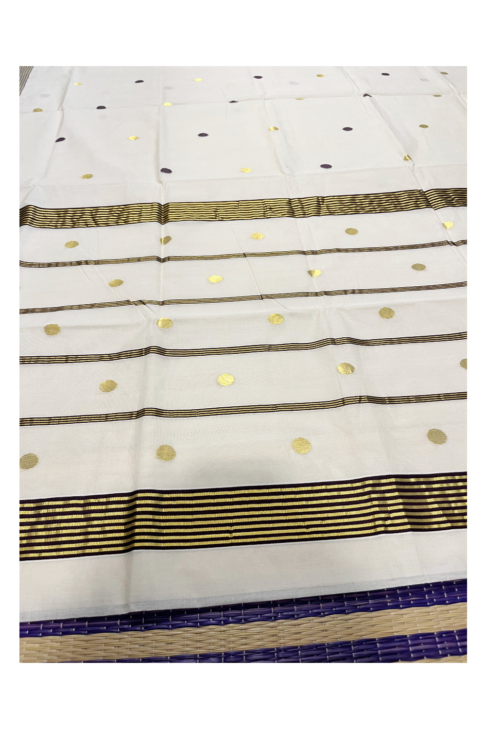 Southloom Premium Handloom Kerala Saree Blue and Kasavu Lines with Golden Small Polka Works on Body