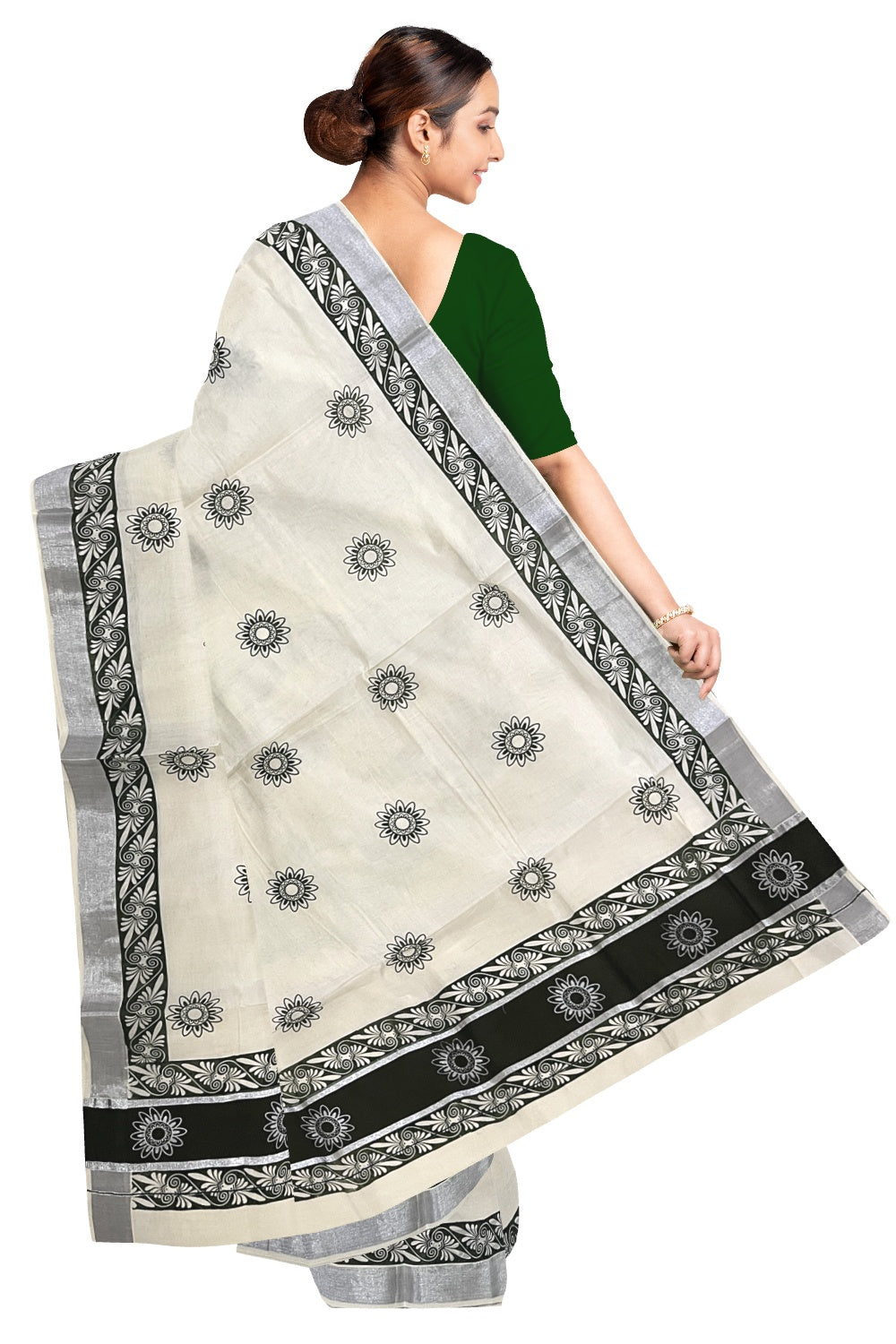 Pure Cotton Kerala Saree with Green Block Prints and Silver Kasavu Border (Onam Saree 2023)