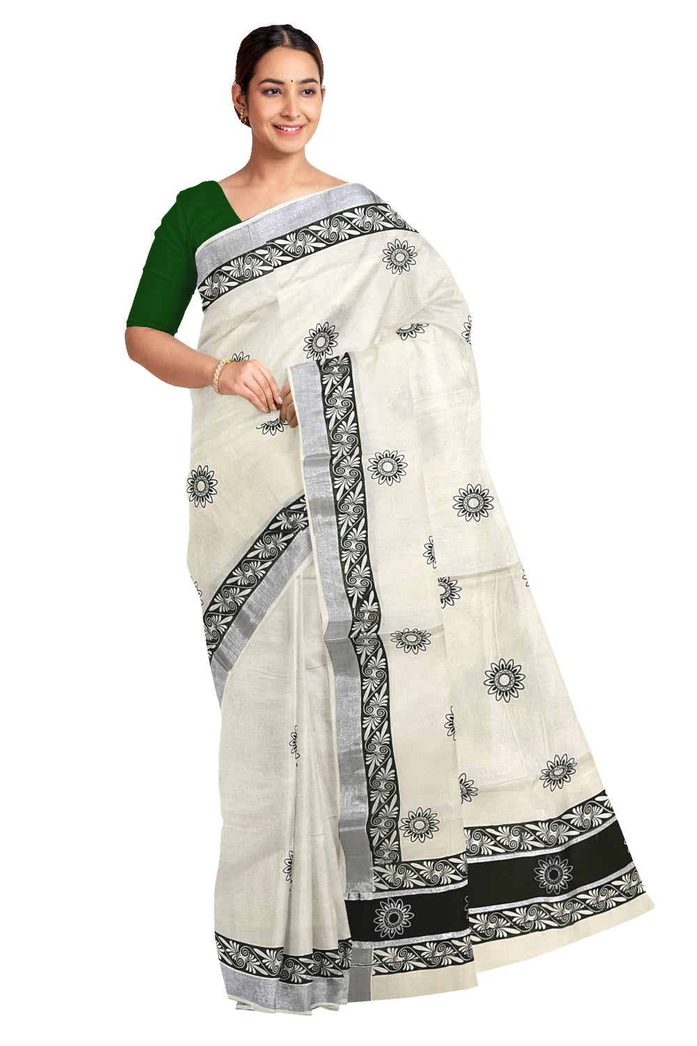 Pure Cotton Kerala Saree with Green Block Prints and Silver Kasavu Border (Onam Saree 2023)