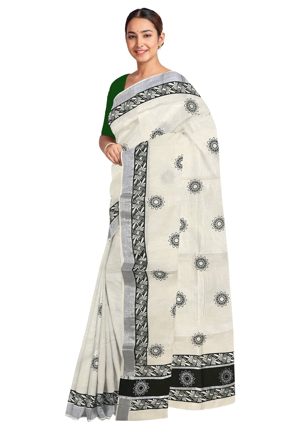 Pure Cotton Kerala Saree with Green Block Prints and Silver Kasavu Border (Onam Saree 2023)